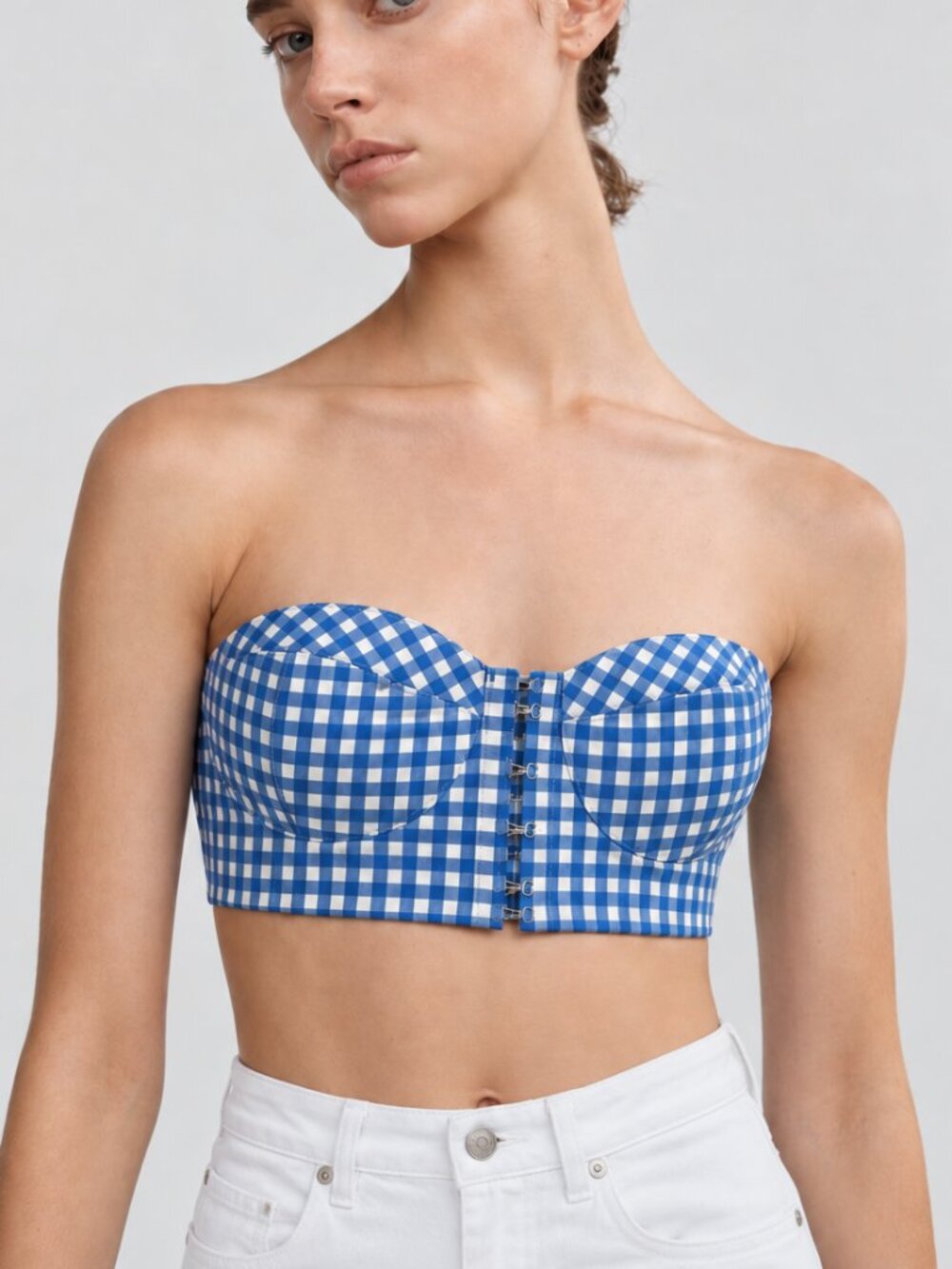 Blue Gingham Bustier Crop Top - M